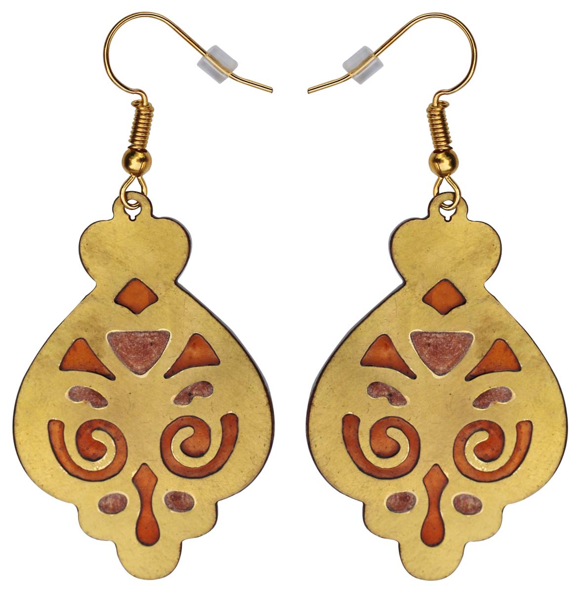 2.5” Pair of Golden Hook Earrings in Brass - Ethnic-Look Grooved Motifs - Drop Earrings / Women Fashion Jewelry - Buy in Bulk Wholesale